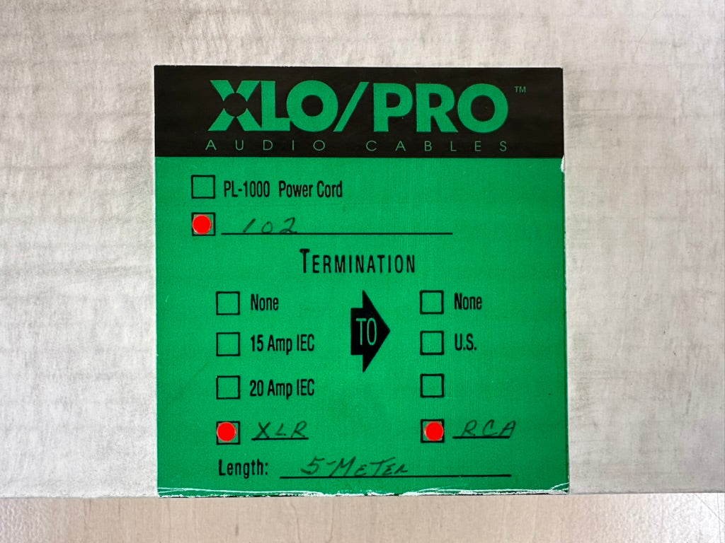 XLO/PRO 102 XLR to RCA Interconnects 5 Meters Factory Custom