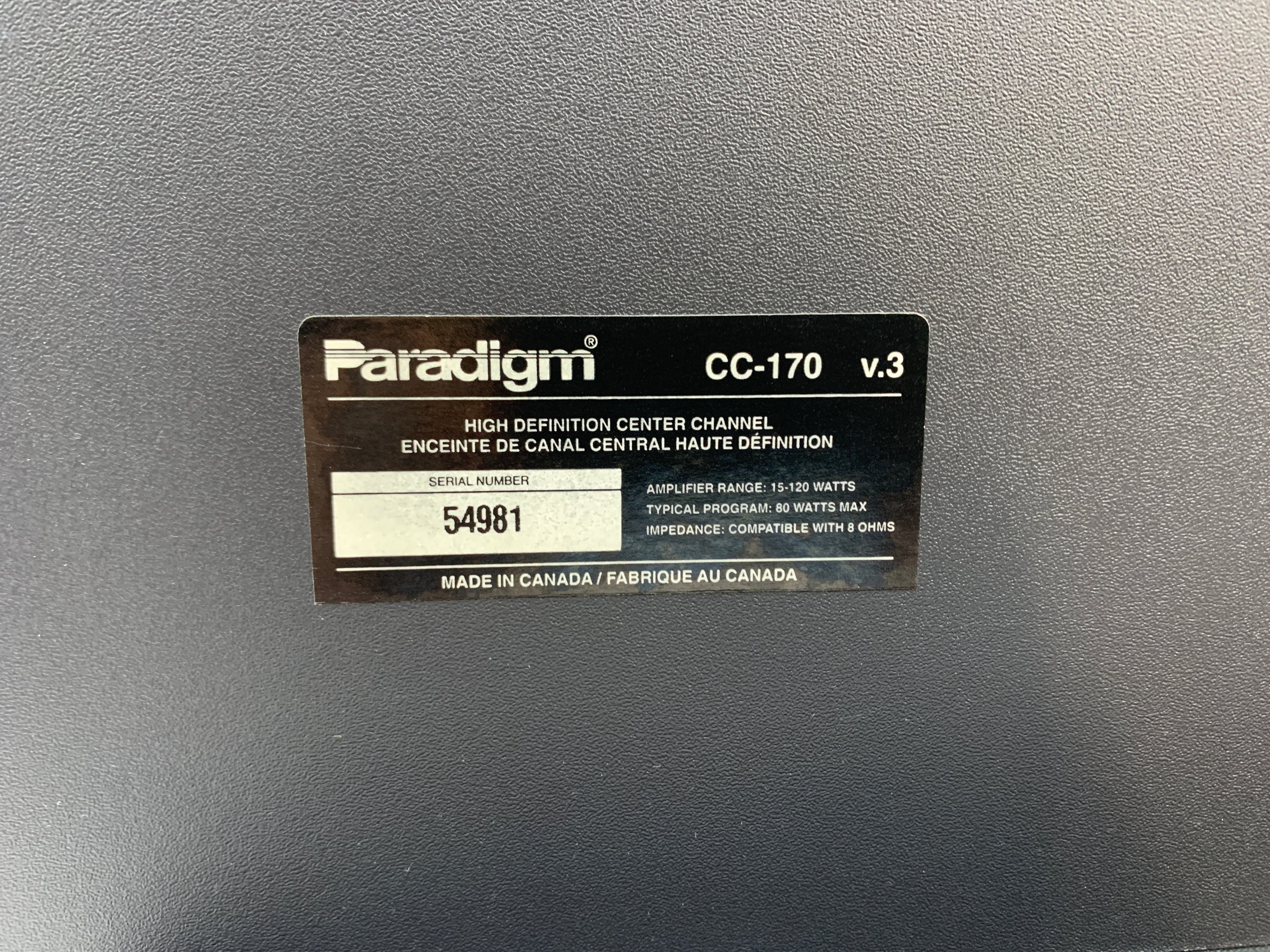 PARADIGM CC-170 V.3 CENTER CHANNEL SPEAKER